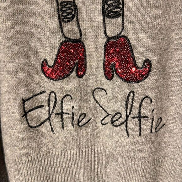 H&M Elfie Selfie Christmas Sweater size Large Grey with Elf sequins Alpaca blend - Picture 2 of 8